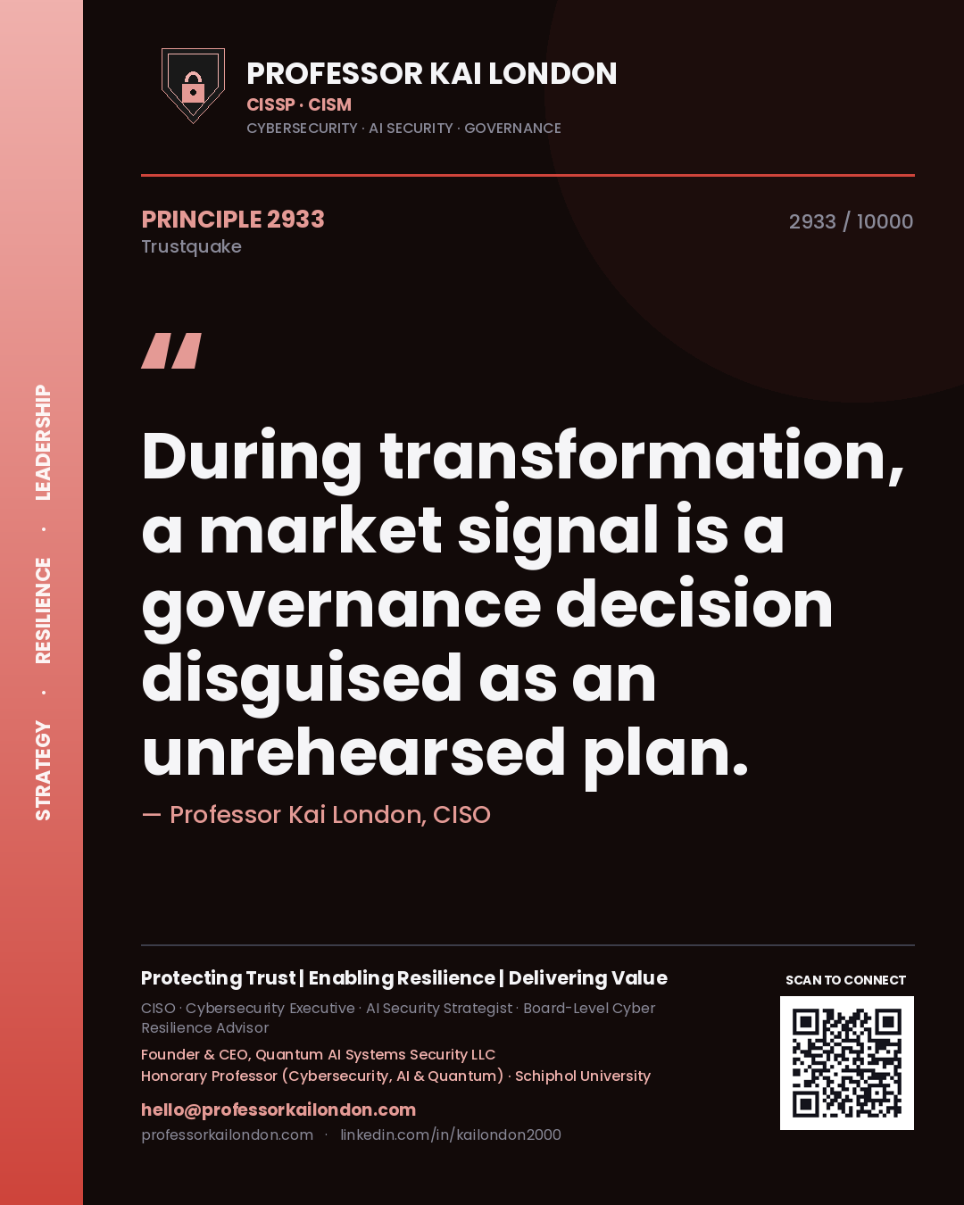Quote card by Professor Kai London reading 'During transformation, a market signal is a governance decision disguised as an unrehearsed plan.'. From the book Trustquake.