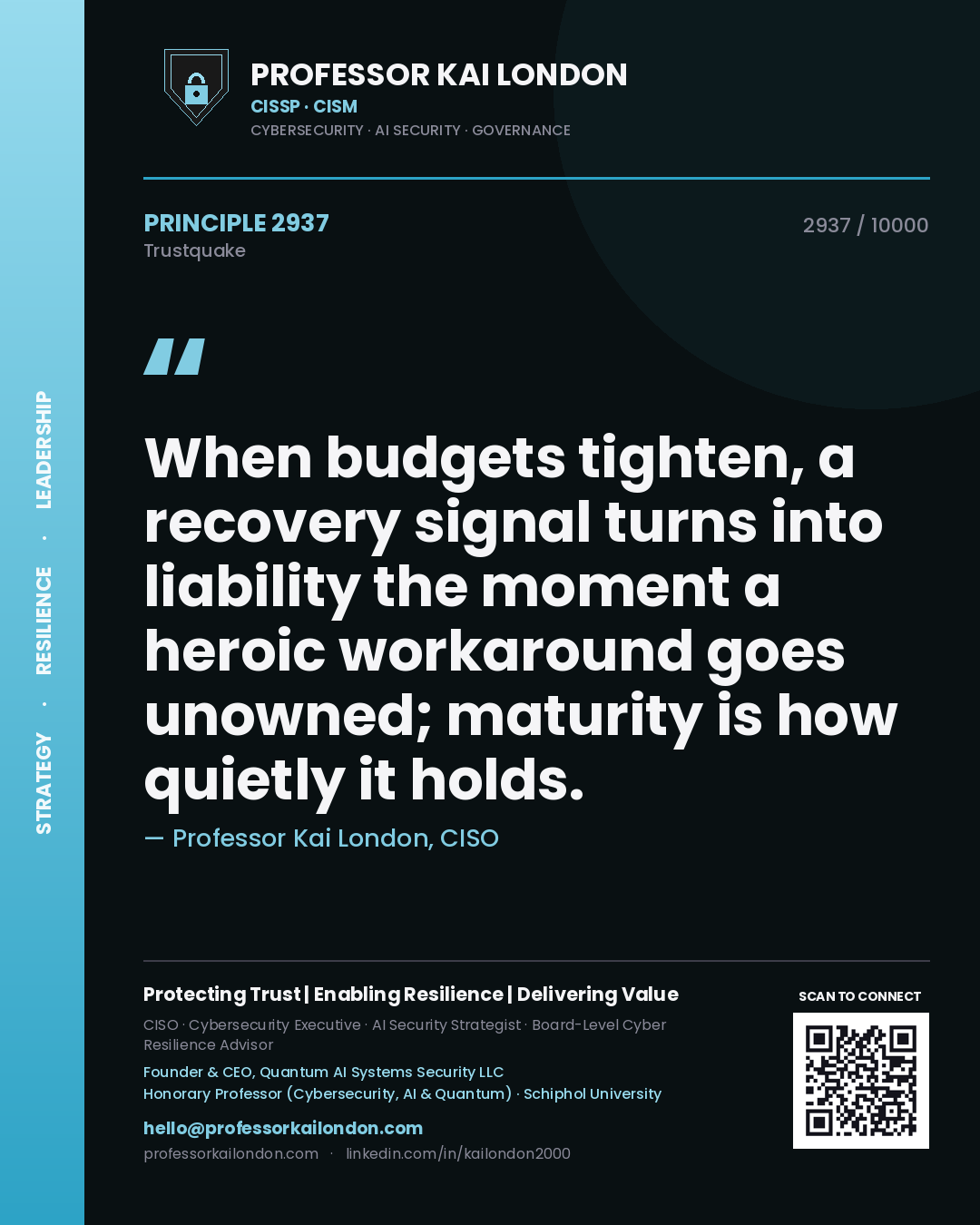 Professor Kai London principle 2937: When budgets tighten, a recovery signal turns into liability the moment a heroic workaround goes unowned; maturity is how quietly it holds.