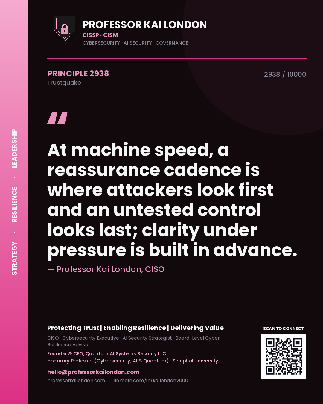 Professor Kai London principle 2938: At machine speed, a reassurance cadence is where attackers look first and an untested control looks last; clarity under pressure is built in advance.
