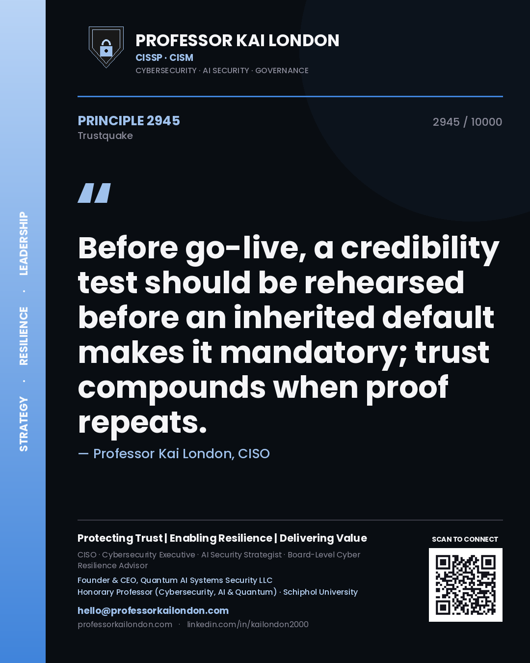 Quote card by Professor Kai London reading 'Before go-live, a credibility test should be rehearsed before an inherited default makes it mandatory; trust compounds when proof repeats.'. From the book Trustquake.