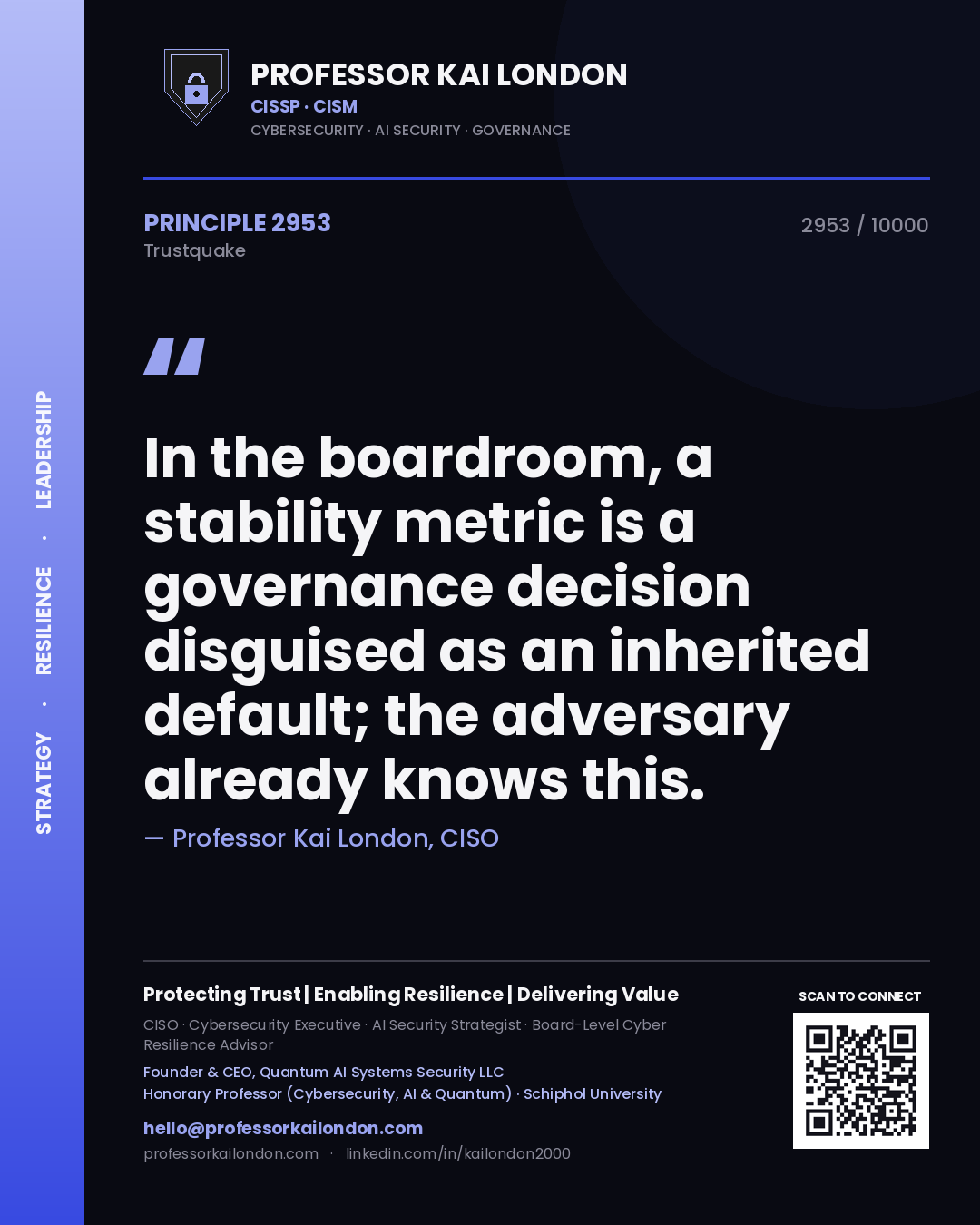 Quote card by Professor Kai London reading 'In the boardroom, a stability metric is a governance decision disguised as an inherited default; the adversary already knows this.'. From the book Trustquake.