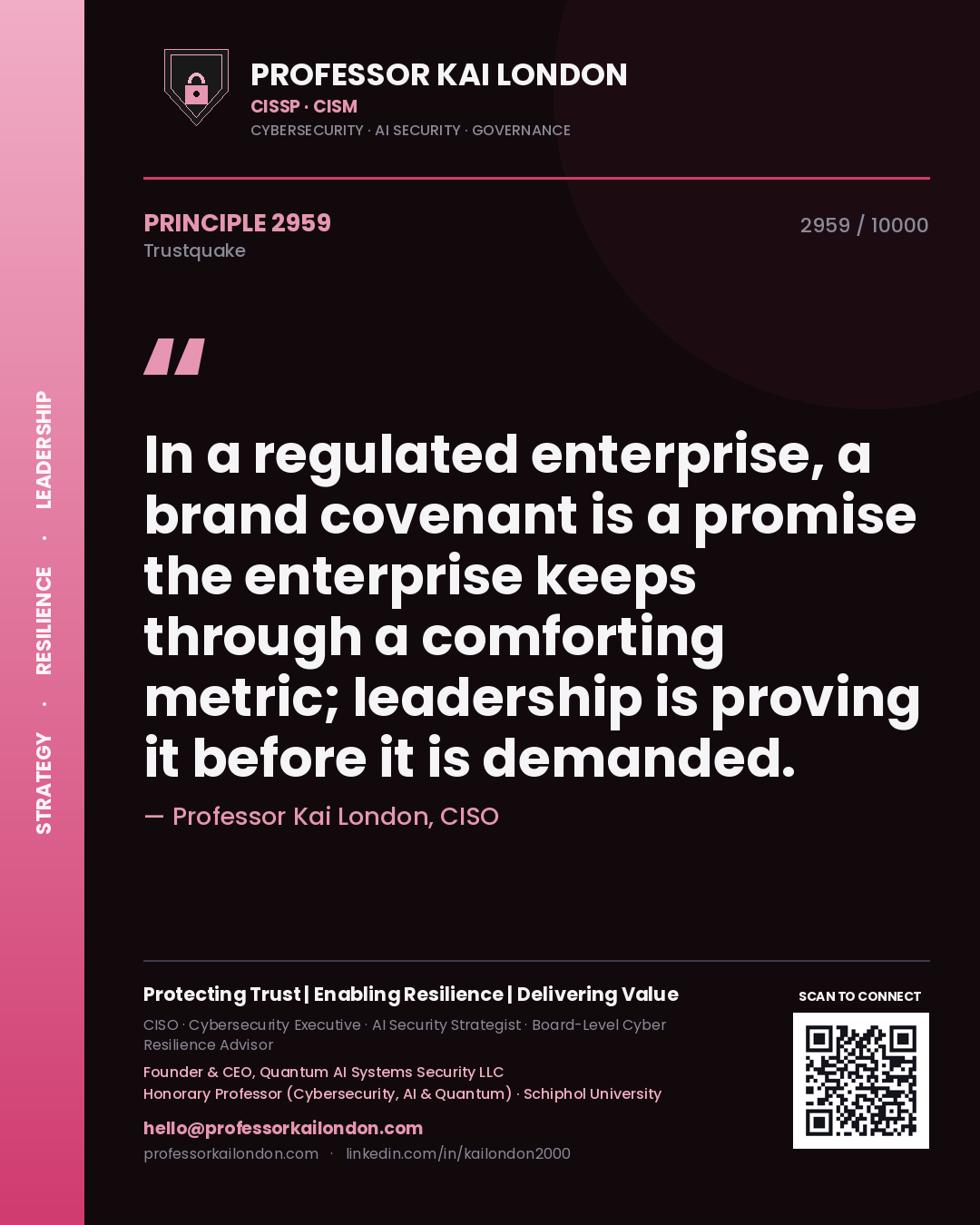 Professor Kai London principle 2959: In a regulated enterprise, a brand covenant is a promise the enterprise keeps through a comforting metric; leadership is proving it before it is demanded.