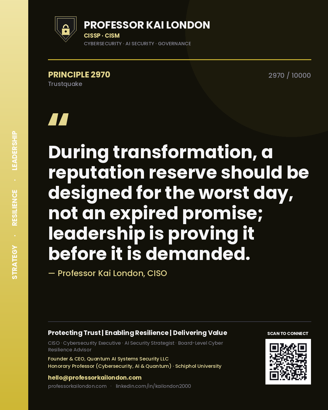 Quote card by Professor Kai London reading 'During transformation, a reputation reserve should be designed for the worst day, not an expired promise; leadership is proving it before it is demanded.'. From the book Trustquake.
