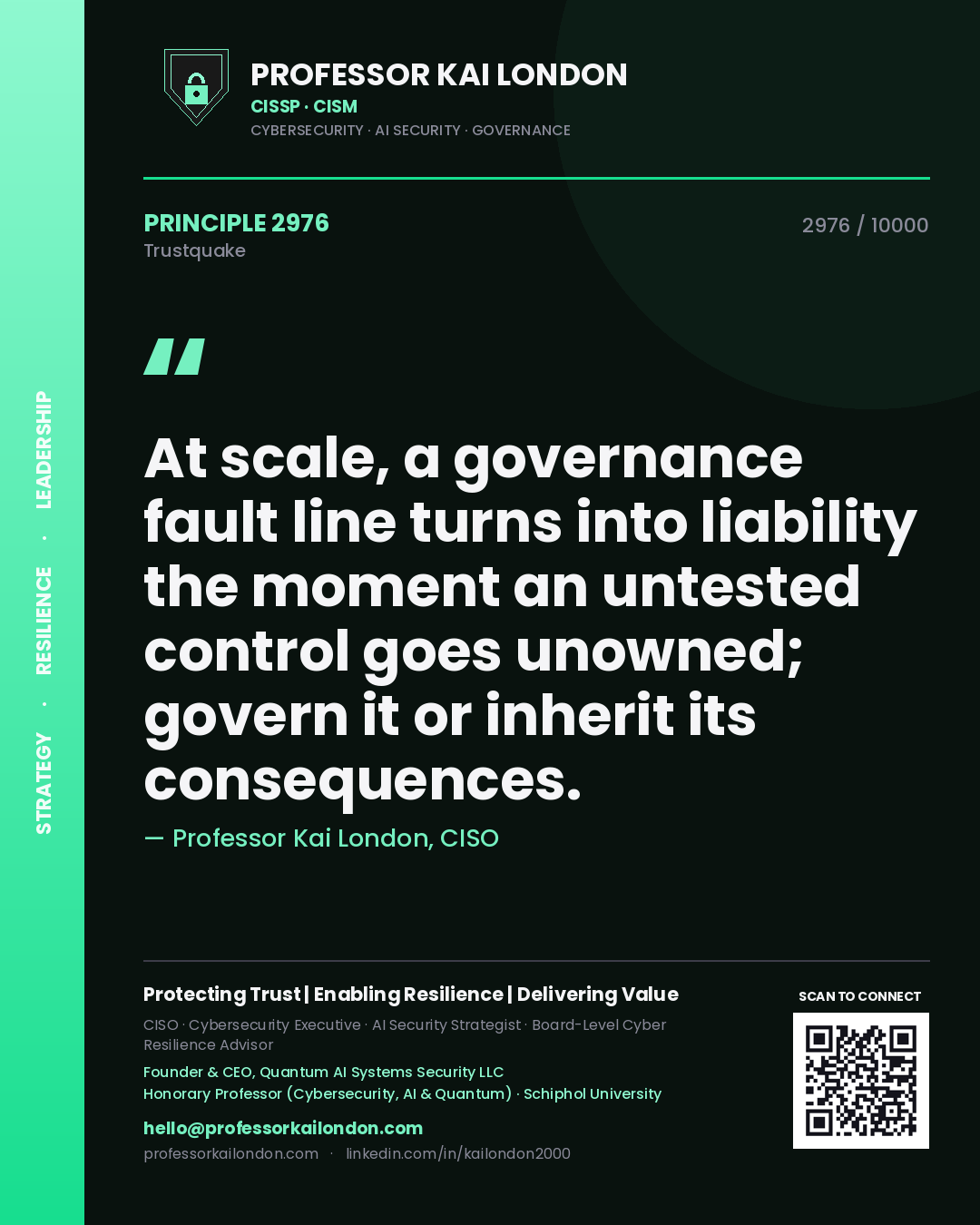 Professor Kai London principle 2976: At scale, a governance fault line turns into liability the moment an untested control goes unowned; govern it or inherit its consequences.