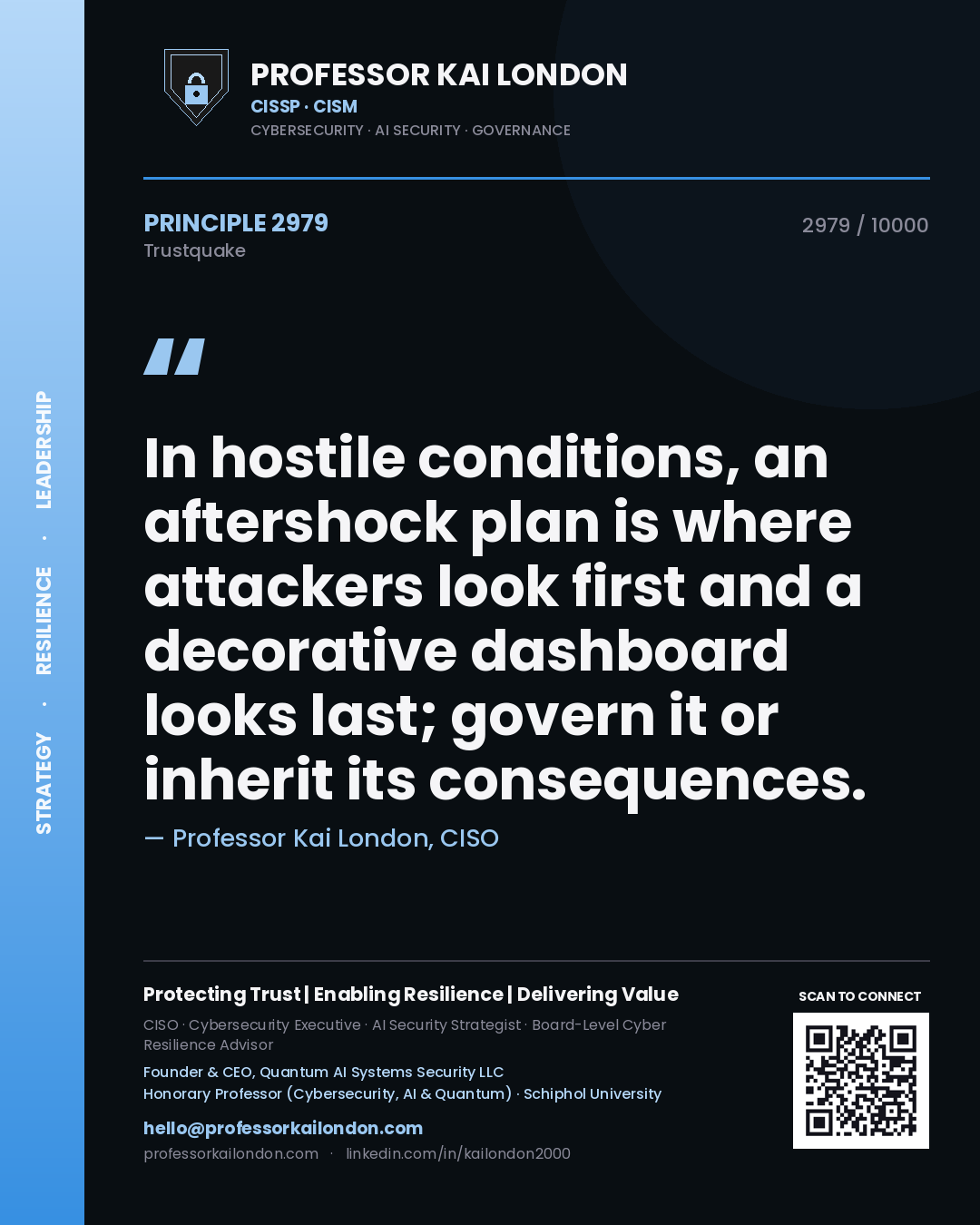 Professor Kai London principle 2979: In hostile conditions, an aftershock plan is where attackers look first and a decorative dashboard looks last; govern it or inherit its consequences.