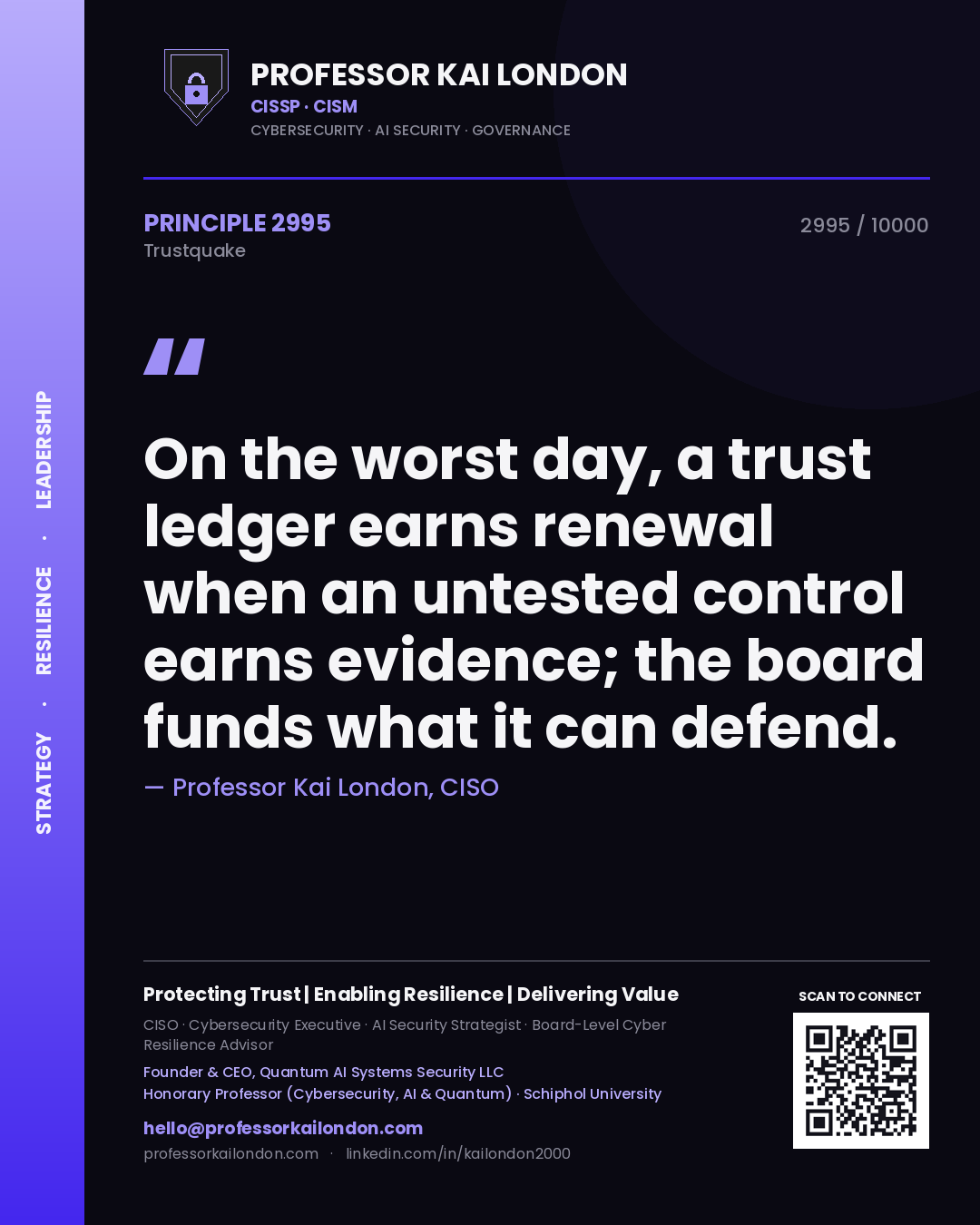 Quote card by Professor Kai London reading 'On the worst day, a trust ledger earns renewal when an untested control earns evidence; the board funds what it can defend.'. From the book Trustquake.