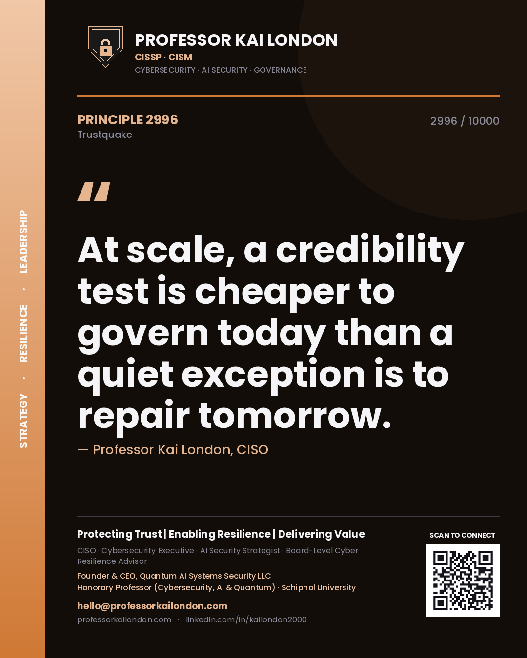 Professor Kai London principle 2996: At scale, a credibility test is cheaper to govern today than a quiet exception is to repair tomorrow.