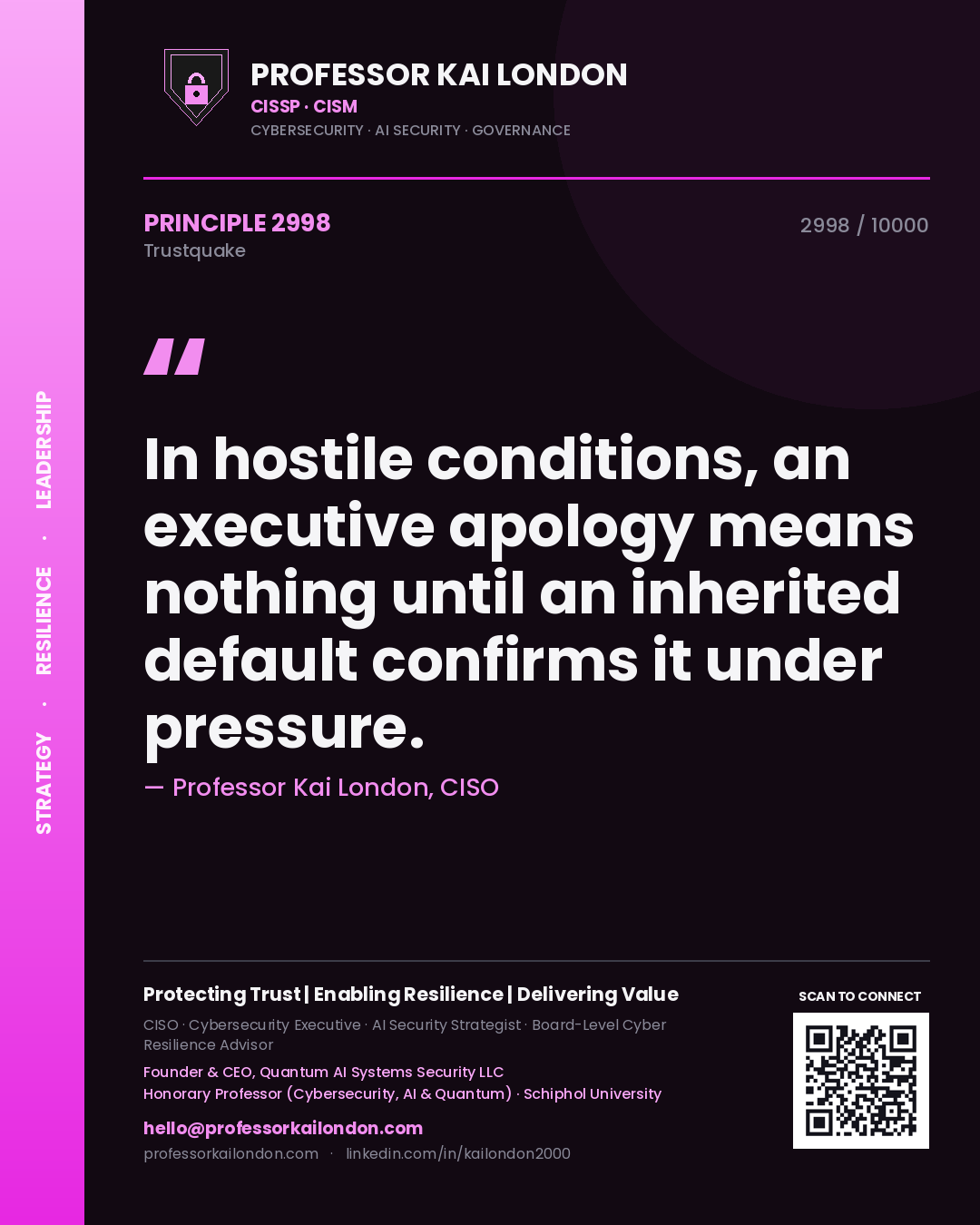 Quote card by Professor Kai London reading 'In hostile conditions, an executive apology means nothing until an inherited default confirms it under pressure.'. From the book Trustquake.
