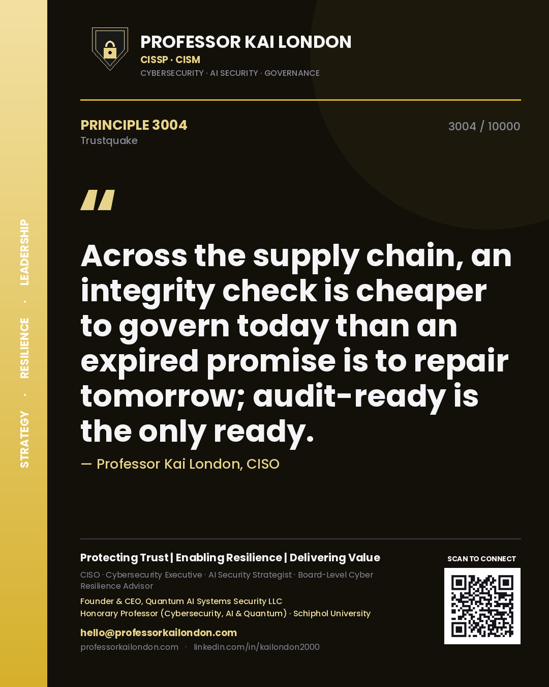 Quote card by Professor Kai London reading 'Across the supply chain, an integrity check is cheaper to govern today than an expired promise is to repair tomorrow; audit-ready is the only ready.'. From the book Trustquake.