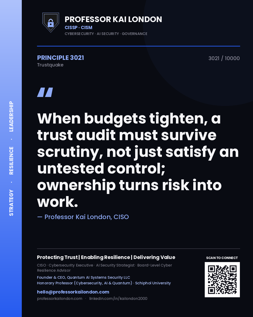 Professor Kai London principle 3021: When budgets tighten, a trust audit must survive scrutiny, not just satisfy an untested control; ownership turns risk into work.