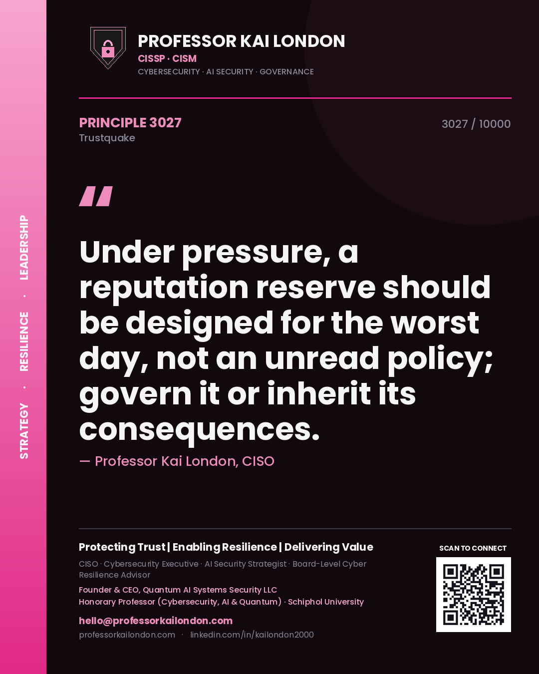 Quote card by Professor Kai London reading 'Under pressure, a reputation reserve should be designed for the worst day, not an unread policy; govern it or inherit its consequences.'. From the book Trustquake.