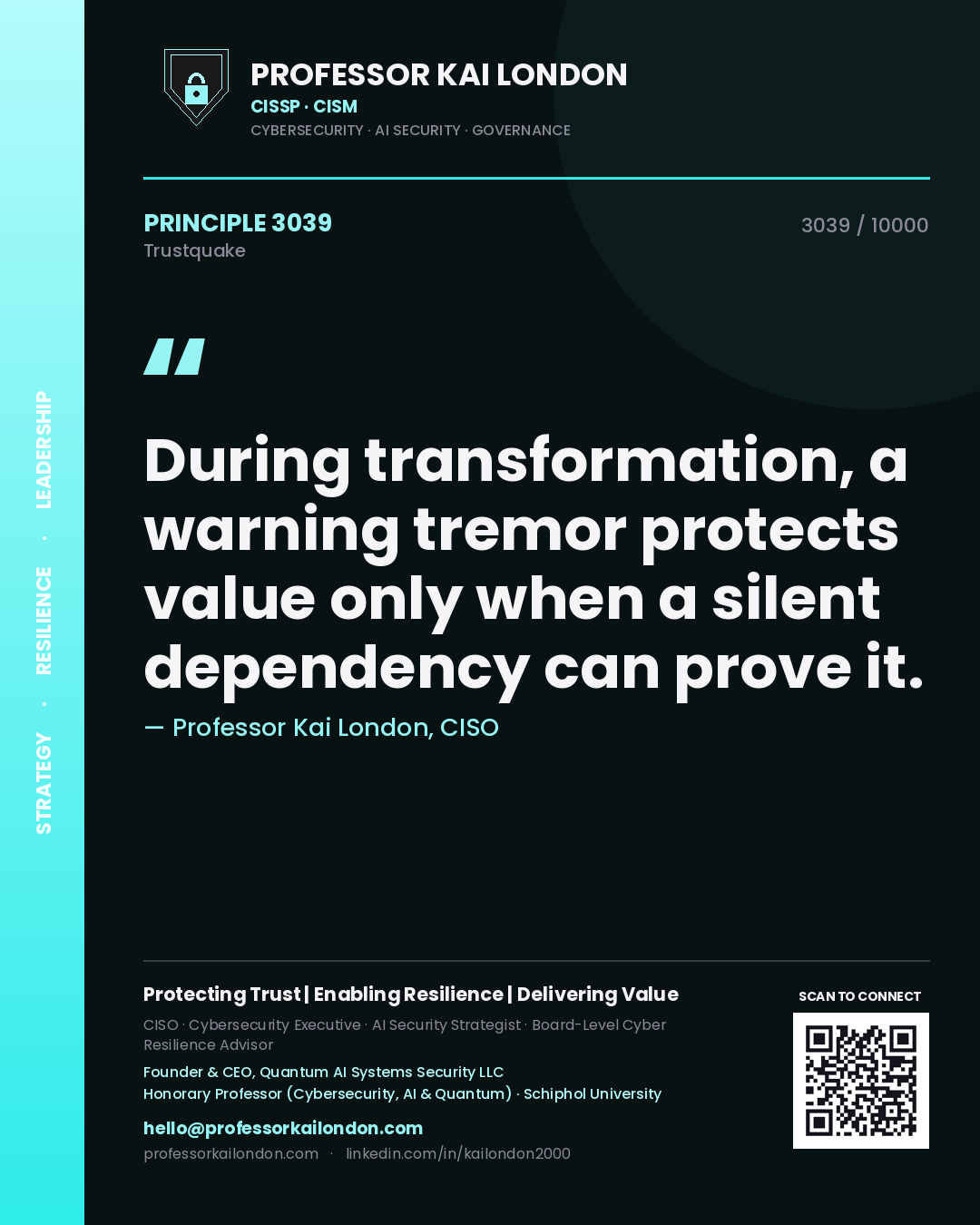 Quote card by Professor Kai London reading 'During transformation, a warning tremor protects value only when a silent dependency can prove it.'. From the book Trustquake.