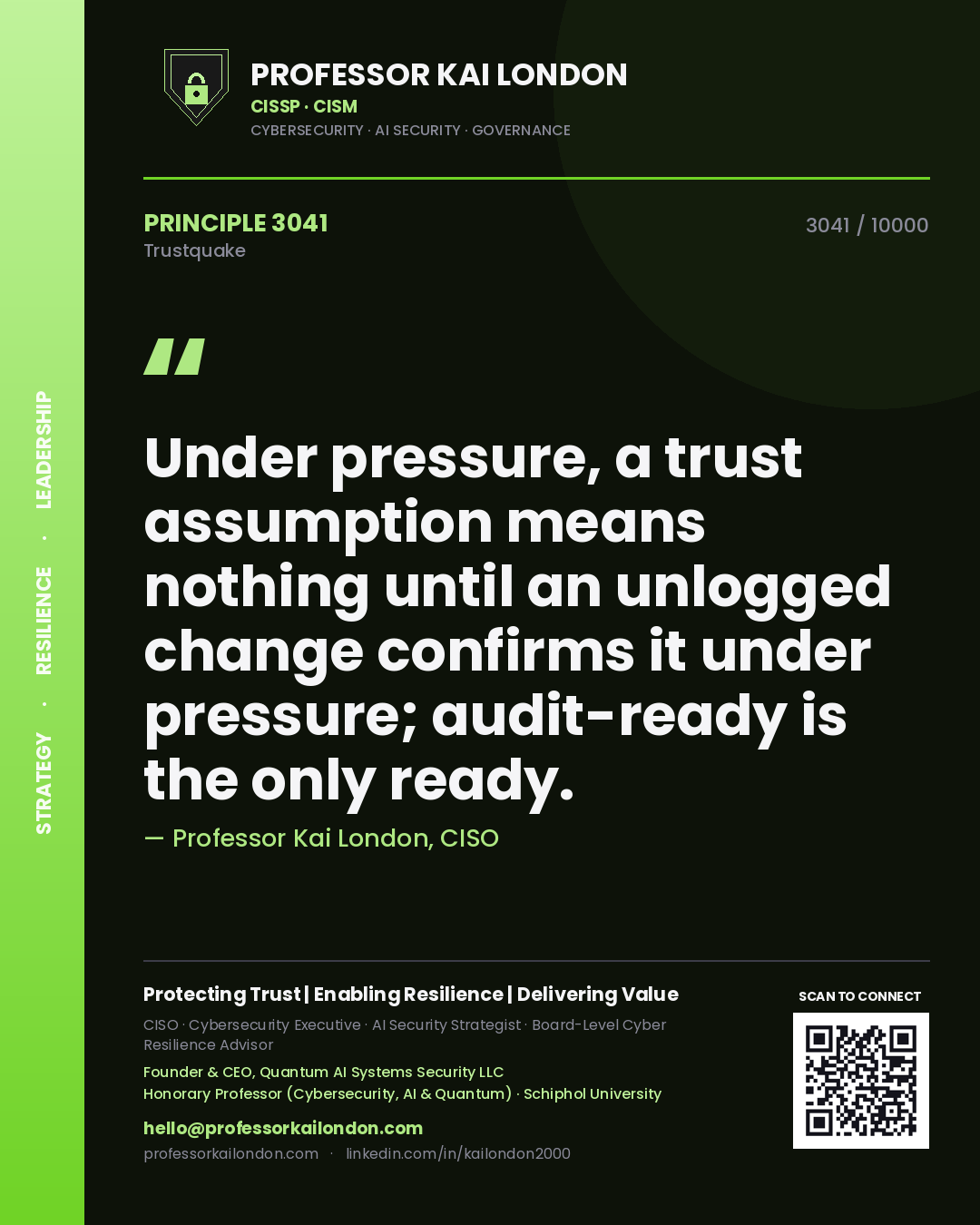Professor Kai London principle 3041: Under pressure, a trust assumption means nothing until an unlogged change confirms it under pressure; audit-ready is the only ready.