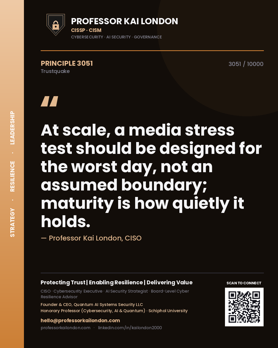 Quote card by Professor Kai London reading 'At scale, a media stress test should be designed for the worst day, not an assumed boundary; maturity is how quietly it holds.'. From the book Trustquake.