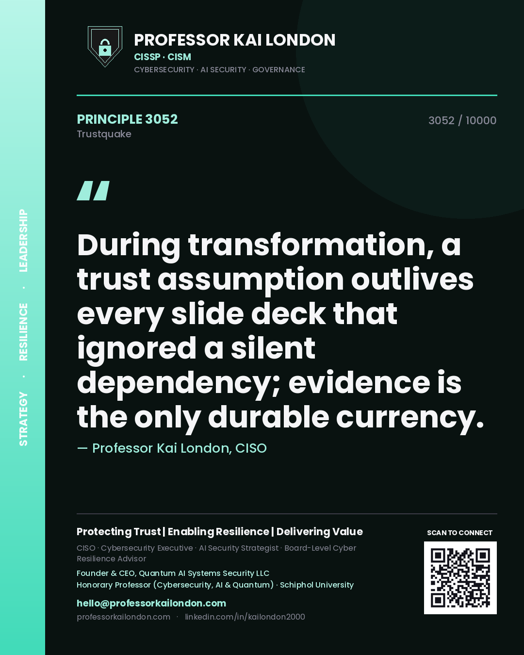 Quote card by Professor Kai London reading 'During transformation, a trust assumption outlives every slide deck that ignored a silent dependency; evidence is the only durable currency.'. From the book Trustquake.