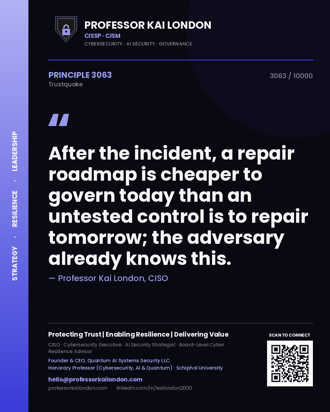 Professor Kai London principle 3063: After the incident, a repair roadmap is cheaper to govern today than an untested control is to repair tomorrow; the adversary already knows this.