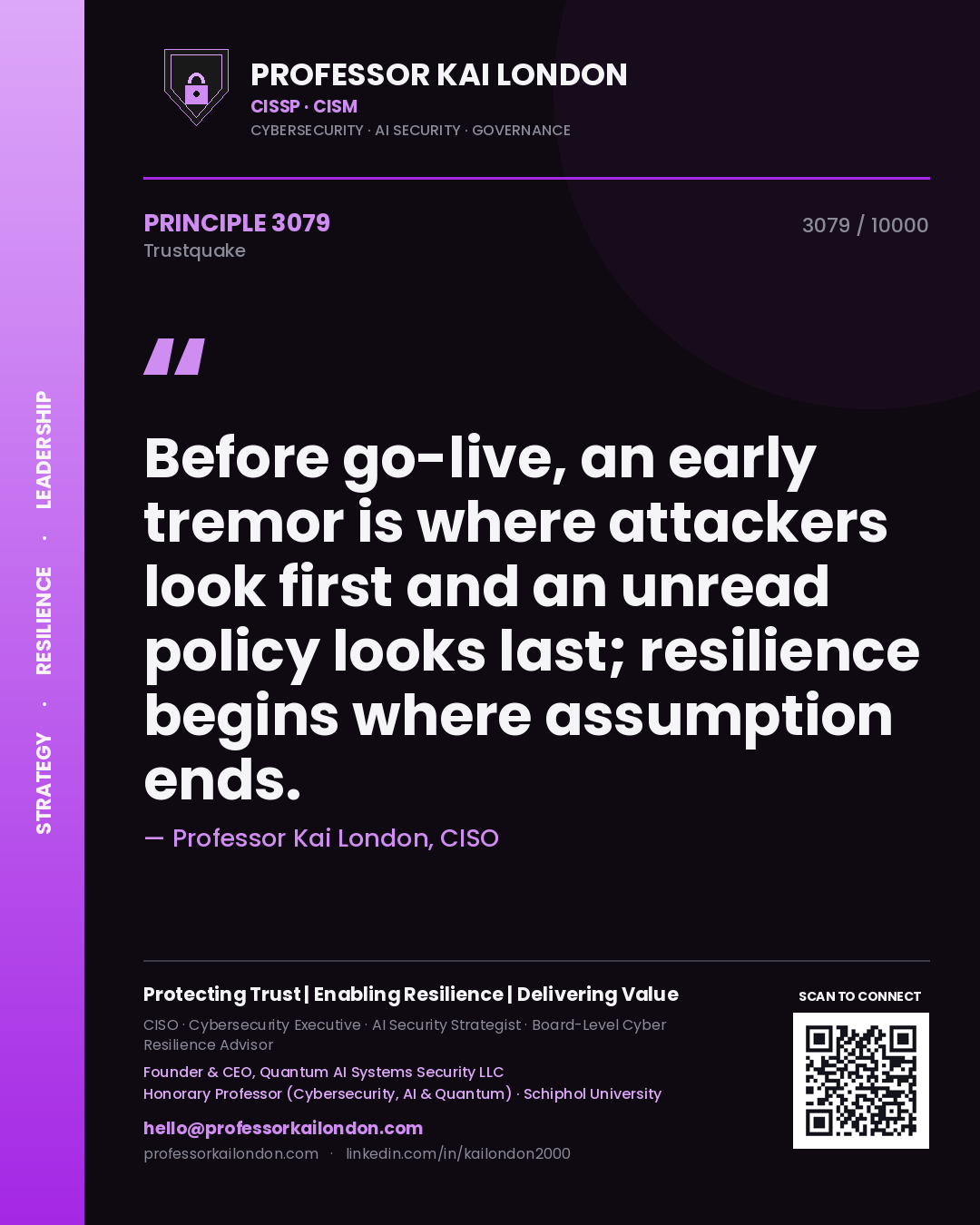 Professor Kai London principle 3079: Before go-live, an early tremor is where attackers look first and an unread policy looks last; resilience begins where assumption ends.