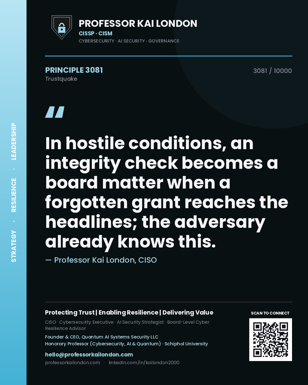 Quote card by Professor Kai London reading 'In hostile conditions, an integrity check becomes a board matter when a forgotten grant reaches the headlines; the adversary already knows this.'. From the book Trustquake.