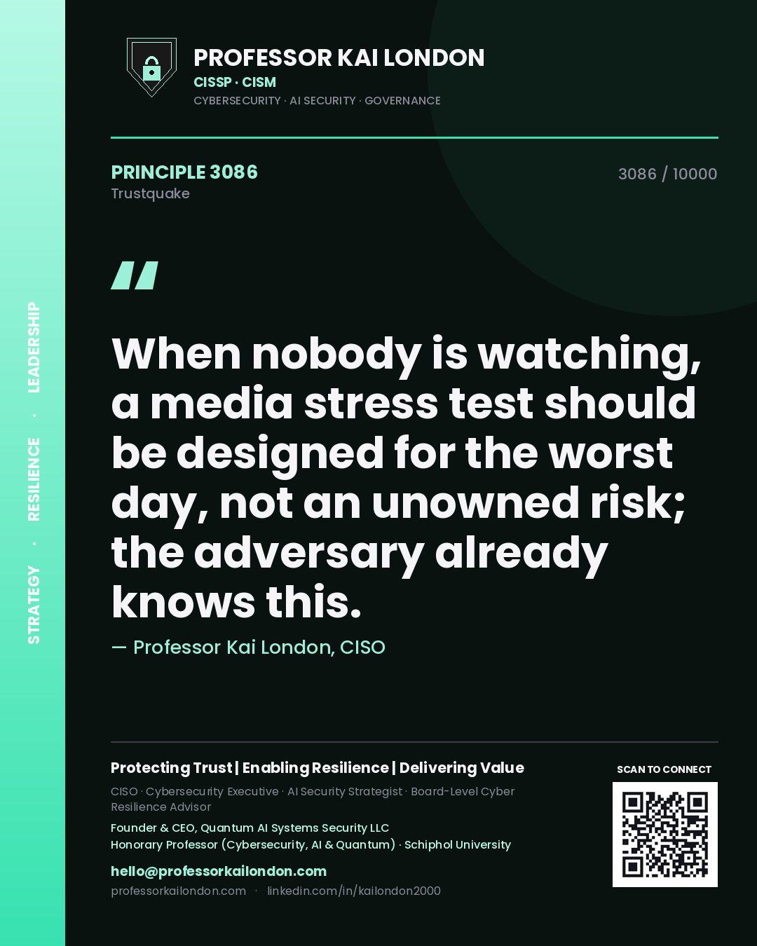 Quote card by Professor Kai London reading 'When nobody is watching, a media stress test should be designed for the worst day, not an unowned risk; the adversary already knows this.'. From the book Trustquake.