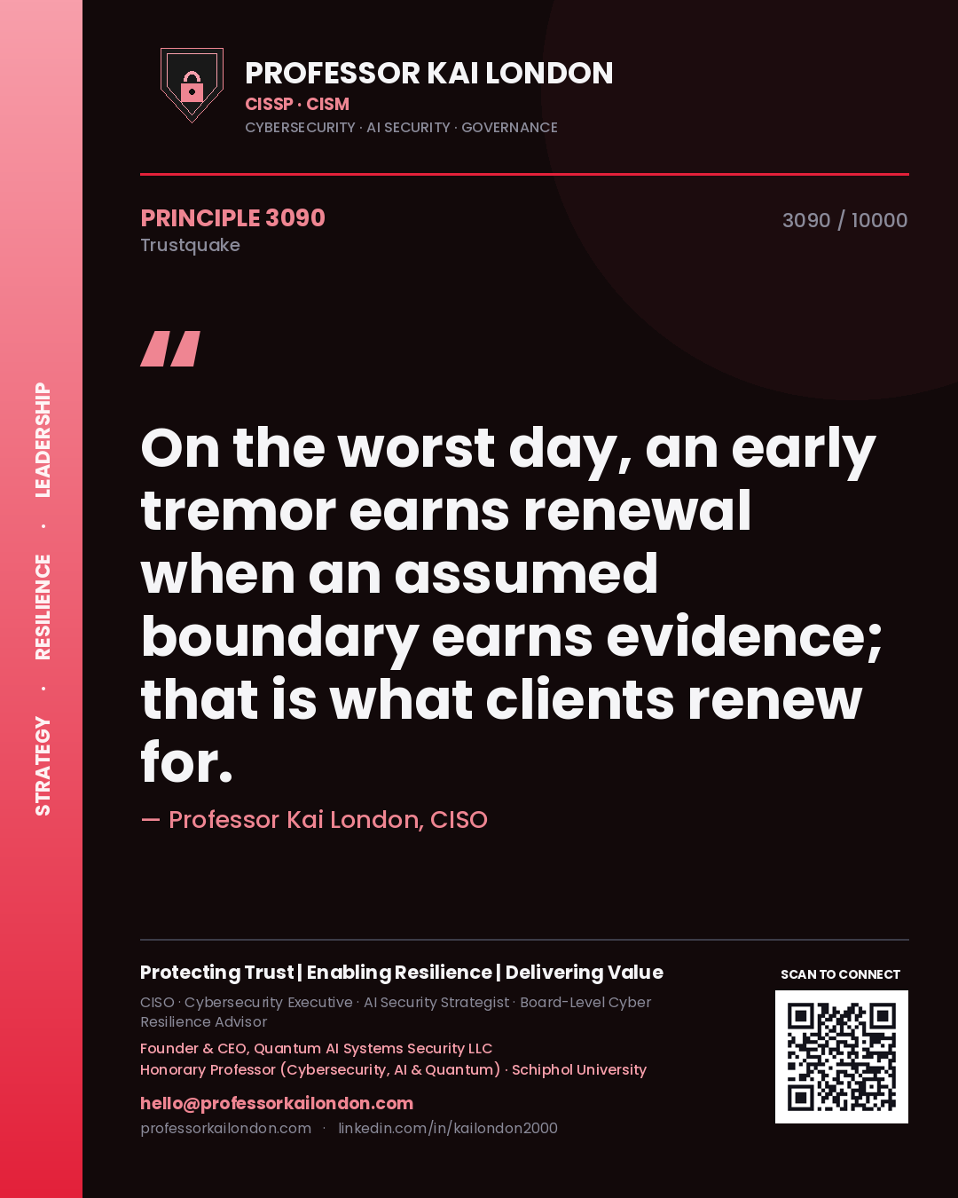 Quote card by Professor Kai London reading 'On the worst day, an early tremor earns renewal when an assumed boundary earns evidence; that is what clients renew for.'. From the book Trustquake.
