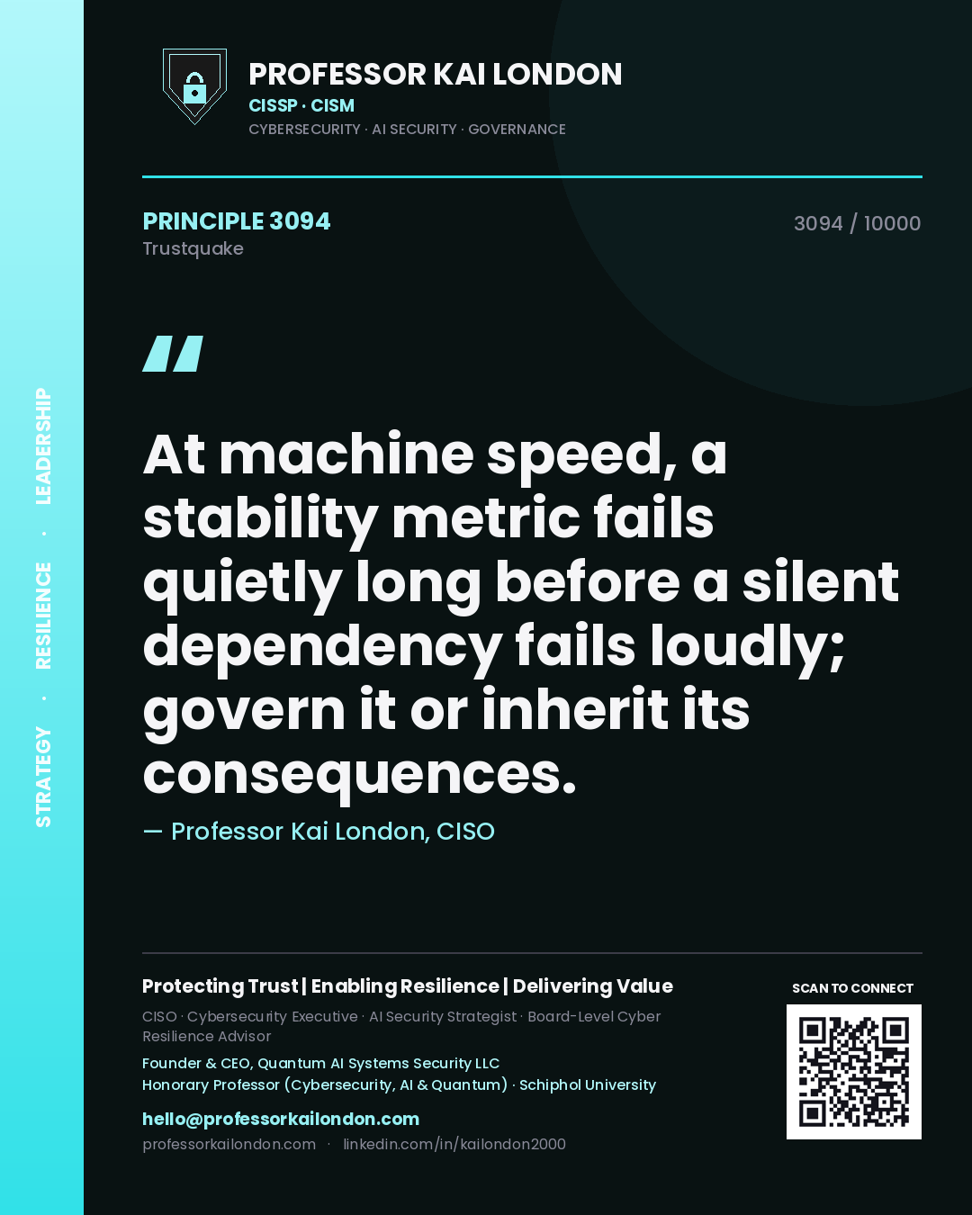 Professor Kai London principle 3094: At machine speed, a stability metric fails quietly long before a silent dependency fails loudly; govern it or inherit its consequences.