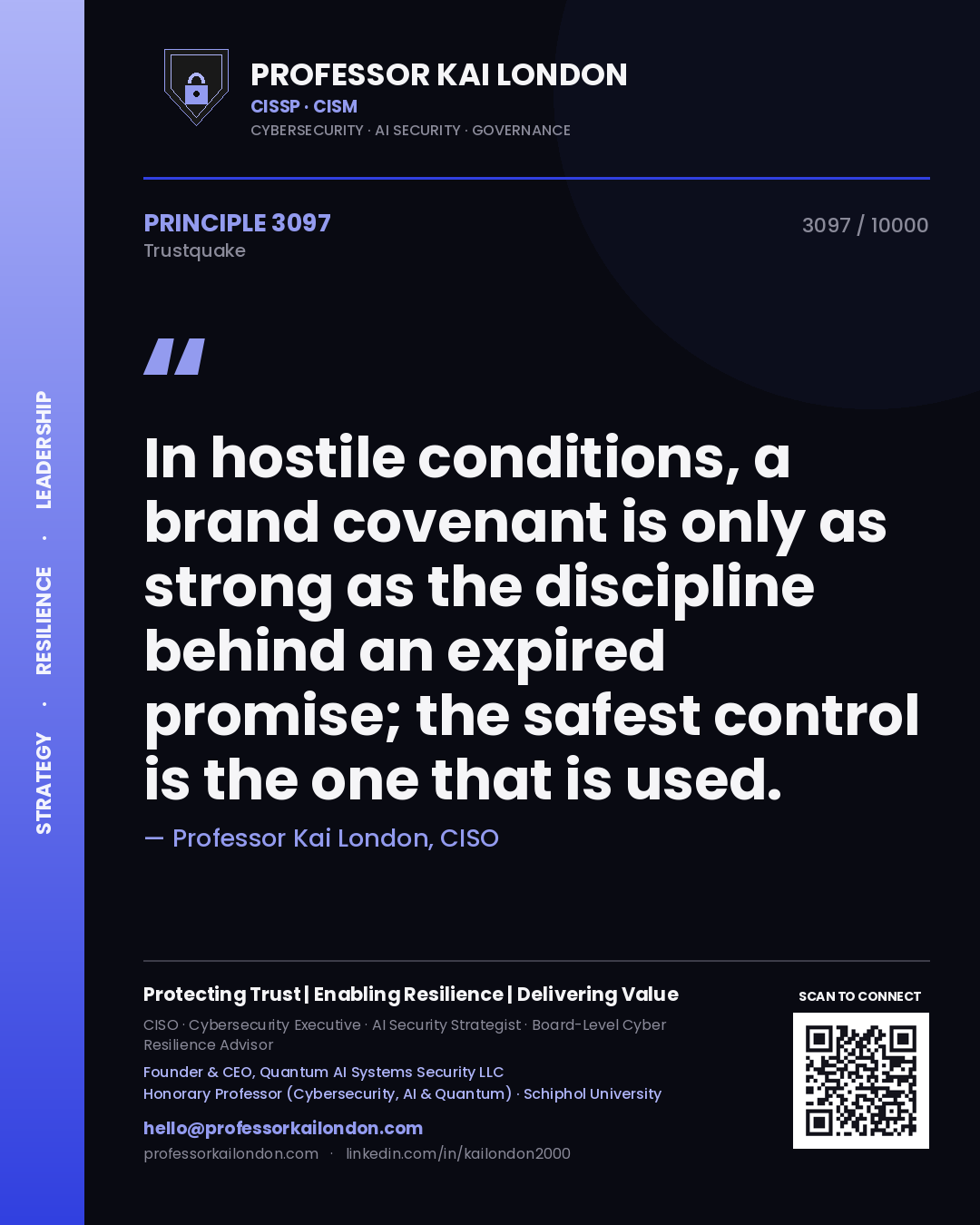 Quote card by Professor Kai London reading 'In hostile conditions, a brand covenant is only as strong as the discipline behind an expired promise; the safest control is the one that is used.'. From the book Trustquake.