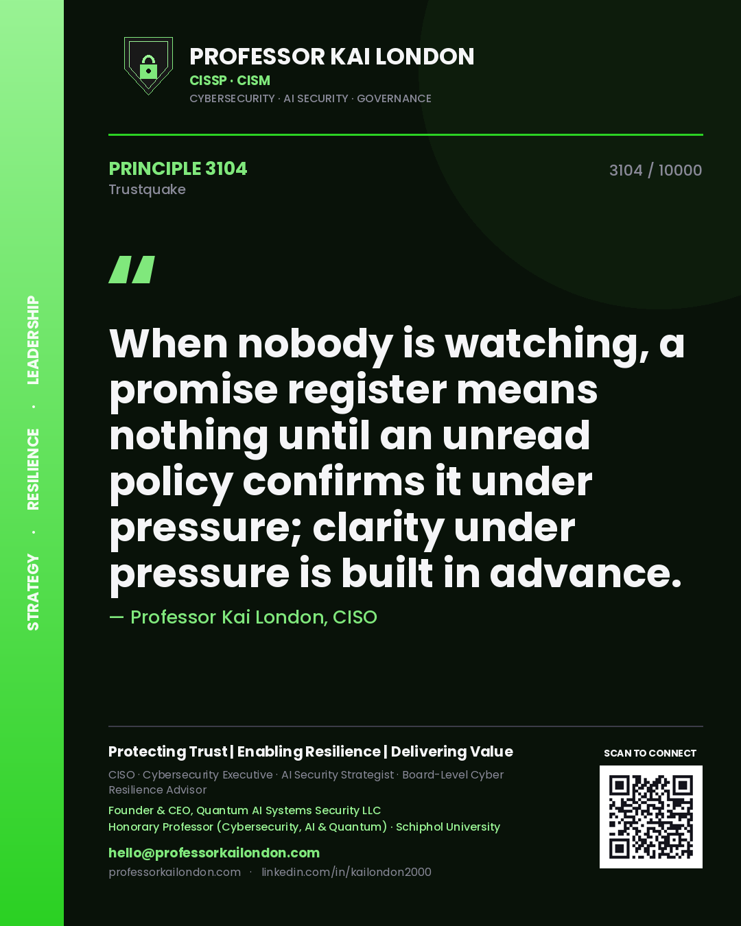Quote card by Professor Kai London reading 'When nobody is watching, a promise register means nothing until an unread policy confirms it under pressure; clarity under pressure is built in advance.'. From the book Trustquake.
