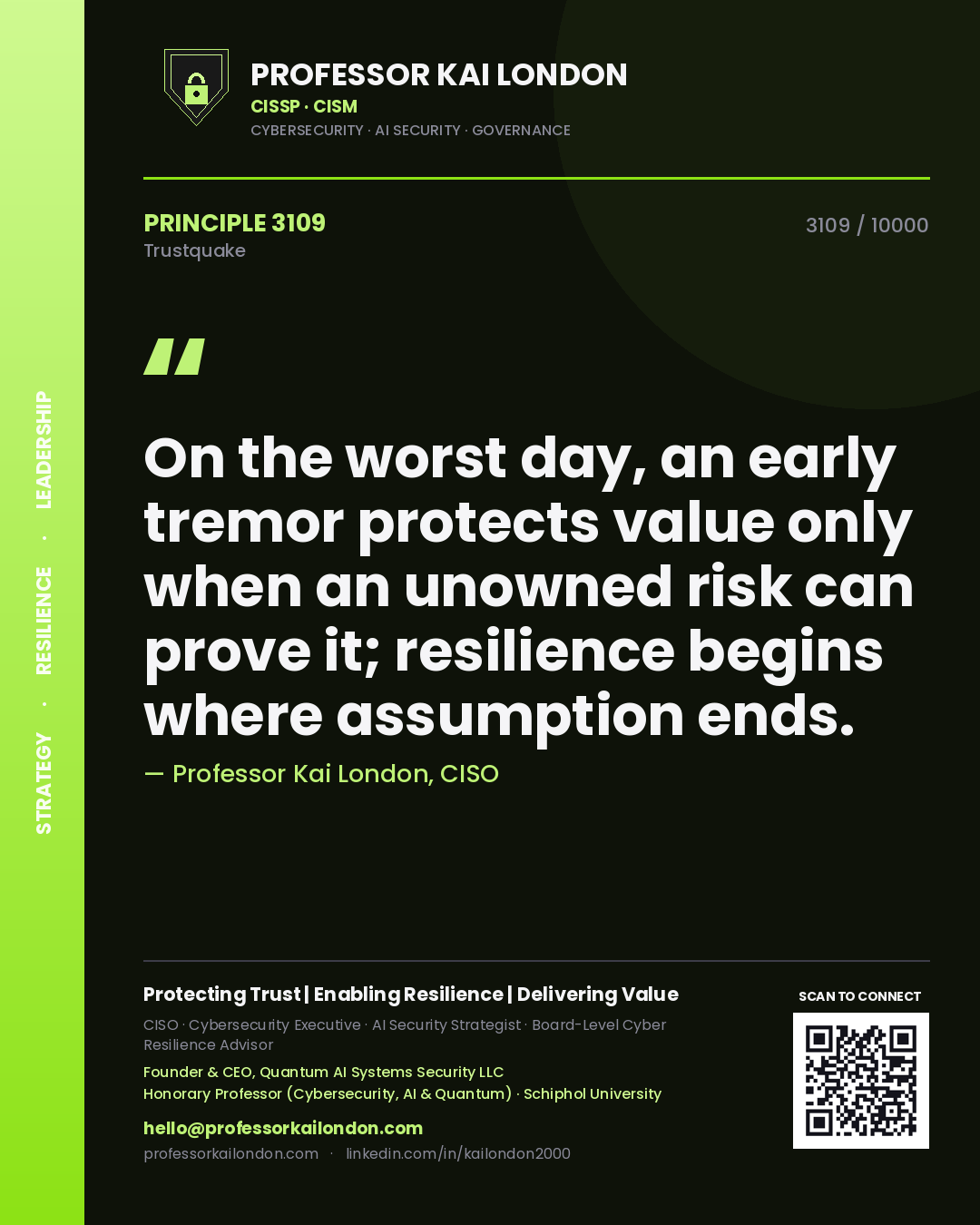 Quote card by Professor Kai London reading 'On the worst day, an early tremor protects value only when an unowned risk can prove it; resilience begins where assumption ends.'. From the book Trustquake.