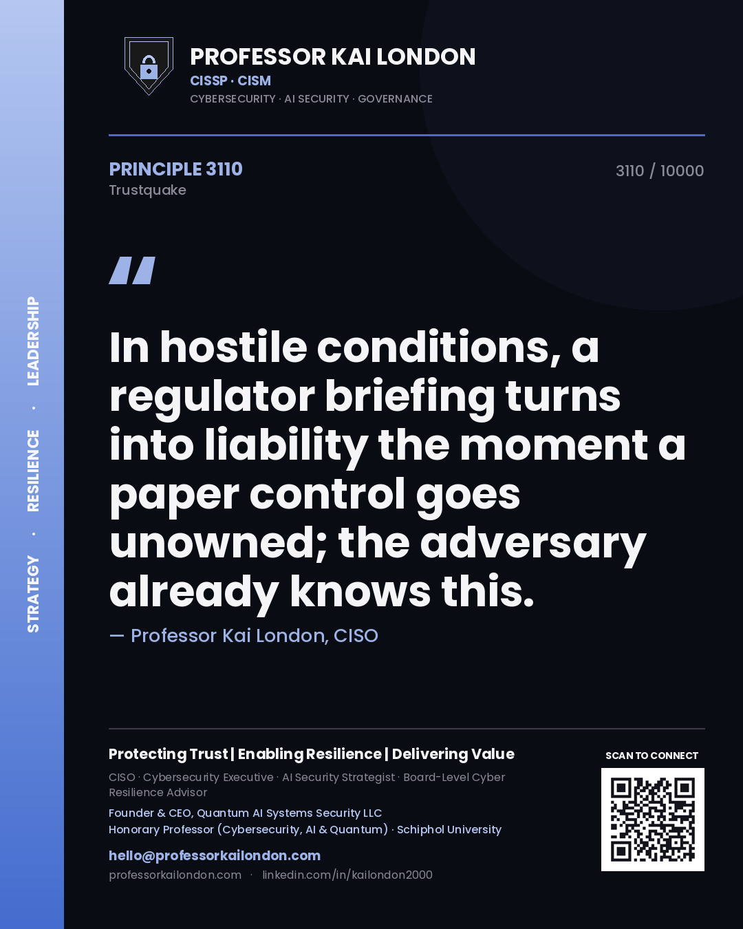 Quote card by Professor Kai London reading 'In hostile conditions, a regulator briefing turns into liability the moment a paper control goes unowned; the adversary already knows this.'. From the book Trustquake.