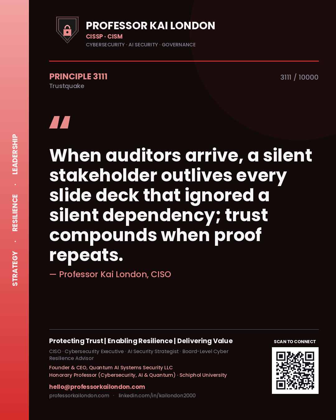 Quote card by Professor Kai London reading 'When auditors arrive, a silent stakeholder outlives every slide deck that ignored a silent dependency; trust compounds when proof repeats.'. From the book Trustquake.