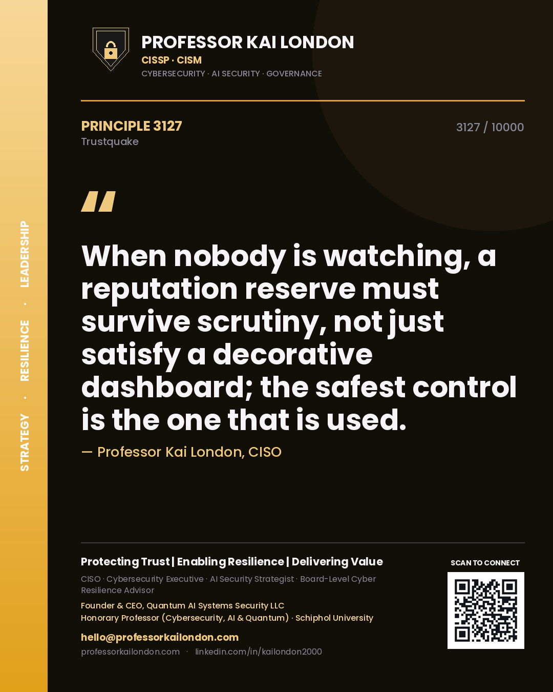 Quote card by Professor Kai London reading 'When nobody is watching, a reputation reserve must survive scrutiny, not just satisfy a decorative dashboard; the safest control is the one that is used.'. From the book Trustquake.