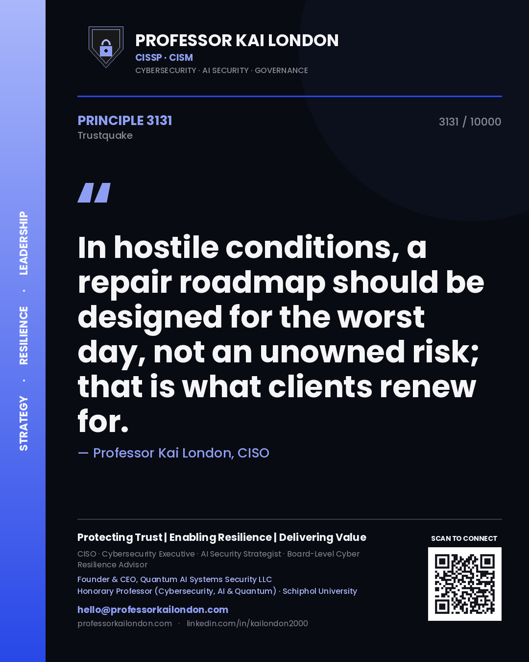 Quote card by Professor Kai London reading 'In hostile conditions, a repair roadmap should be designed for the worst day, not an unowned risk; that is what clients renew for.'. From the book Trustquake.
