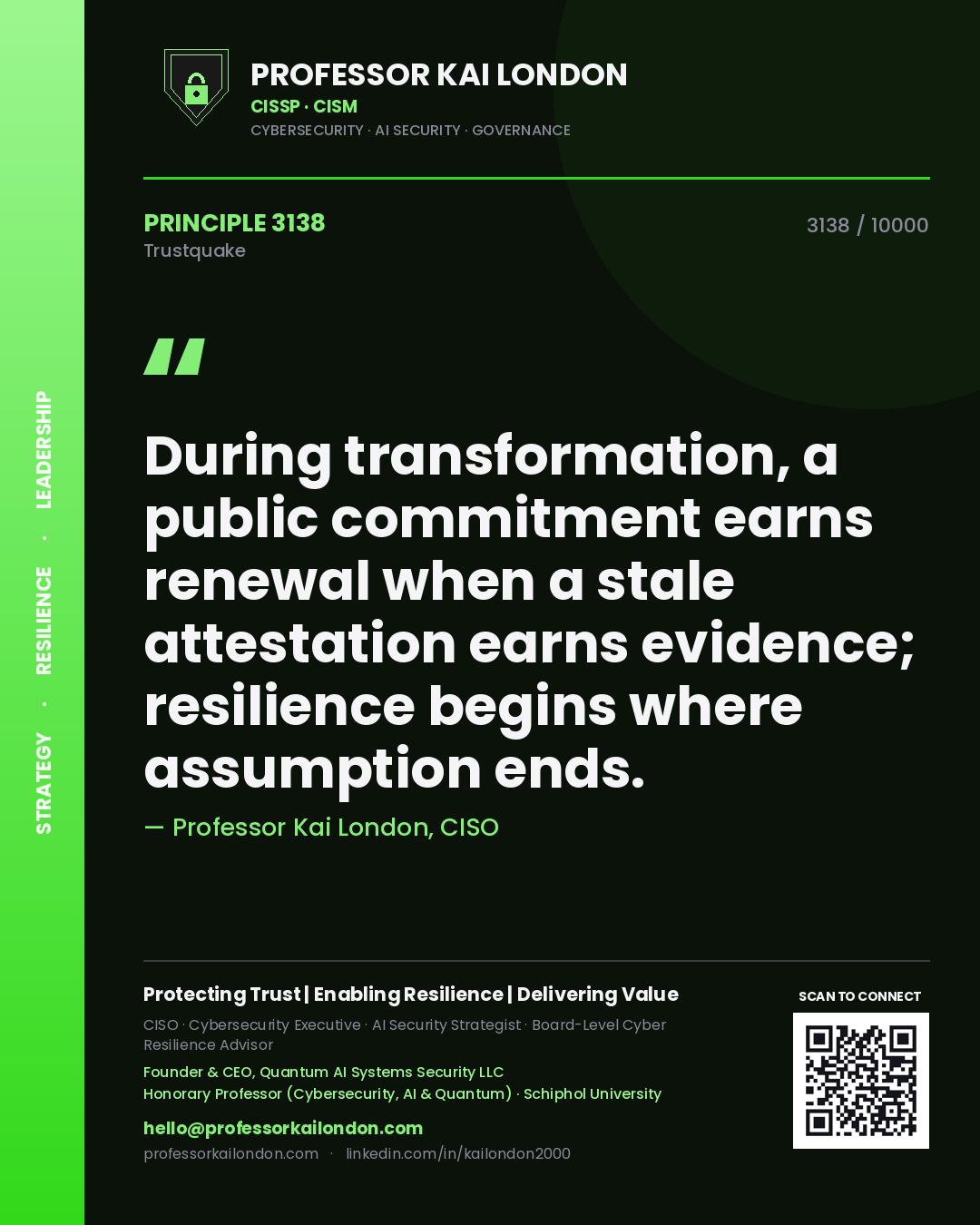 Quote card by Professor Kai London reading 'During transformation, a public commitment earns renewal when a stale attestation earns evidence; resilience begins where assumption ends.'. From the book Trustquake.