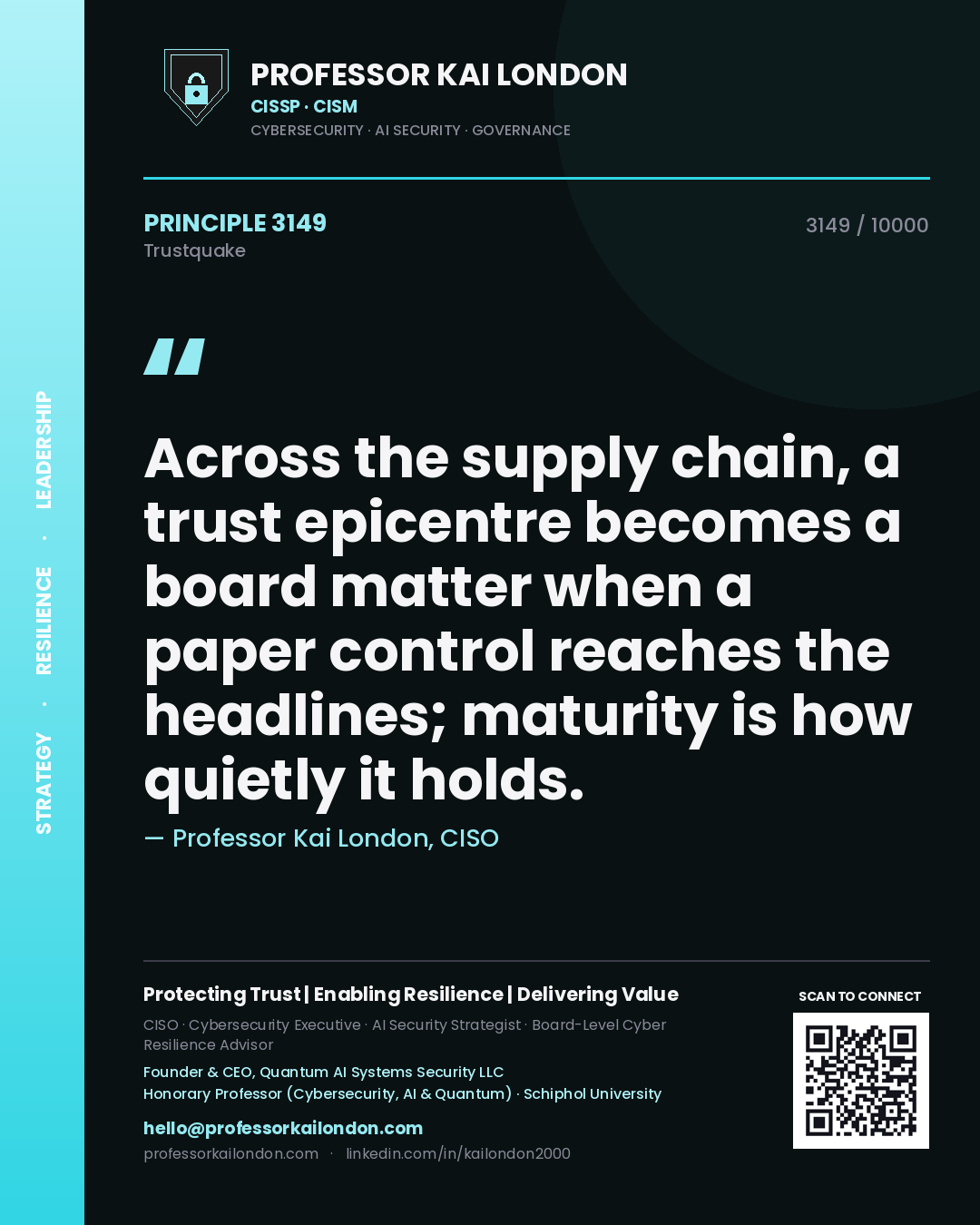 Quote card by Professor Kai London reading 'Across the supply chain, a trust epicentre becomes a board matter when a paper control reaches the headlines; maturity is how quietly it holds.'. From the book Trustquake.