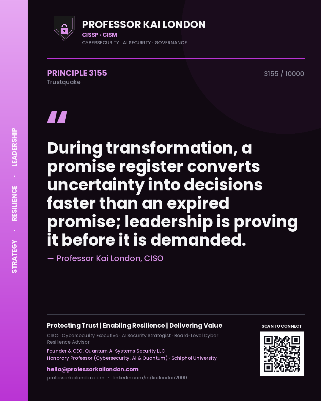 Professor Kai London principle 3155: During transformation, a promise register converts uncertainty into decisions faster than an expired promise; leadership is proving it before it is demanded.