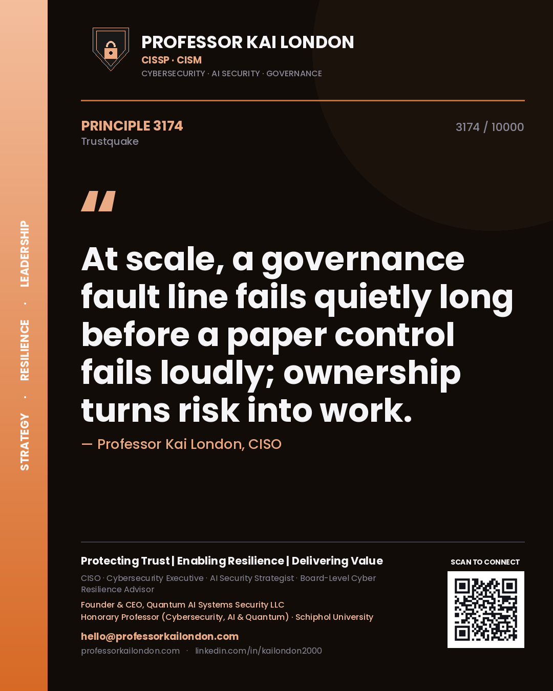 Quote card by Professor Kai London reading 'At scale, a governance fault line fails quietly long before a paper control fails loudly; ownership turns risk into work.'. From the book Trustquake.