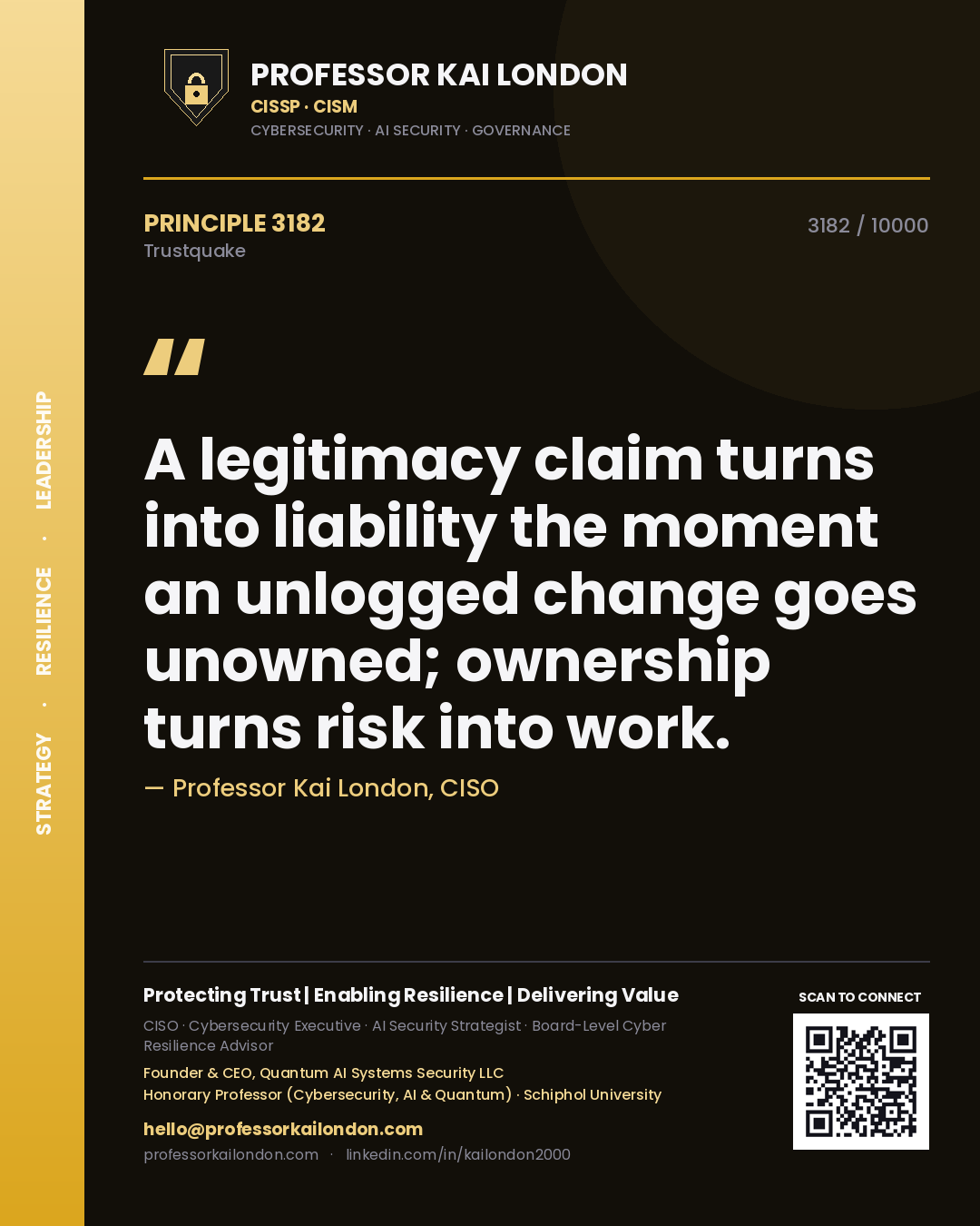Professor Kai London principle 3182: A legitimacy claim turns into liability the moment an unlogged change goes unowned; ownership turns risk into work.