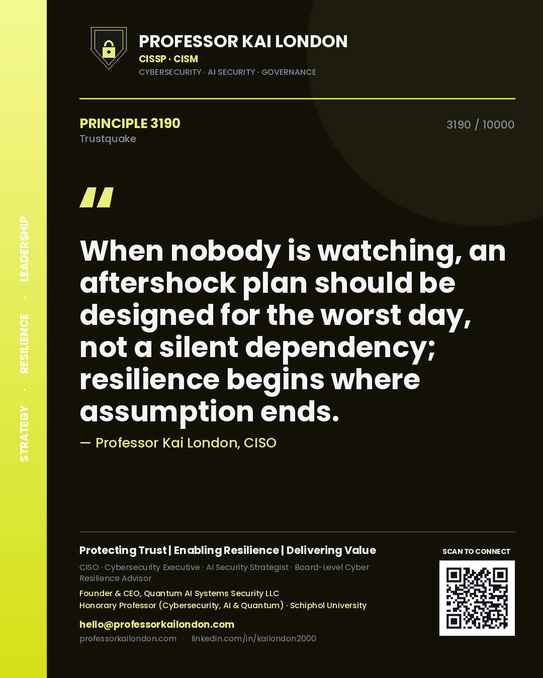 Quote card by Professor Kai London reading 'When nobody is watching, an aftershock plan should be designed for the worst day, not a silent dependency; resilience begins where assumption ends.'. From the book Trustquake.