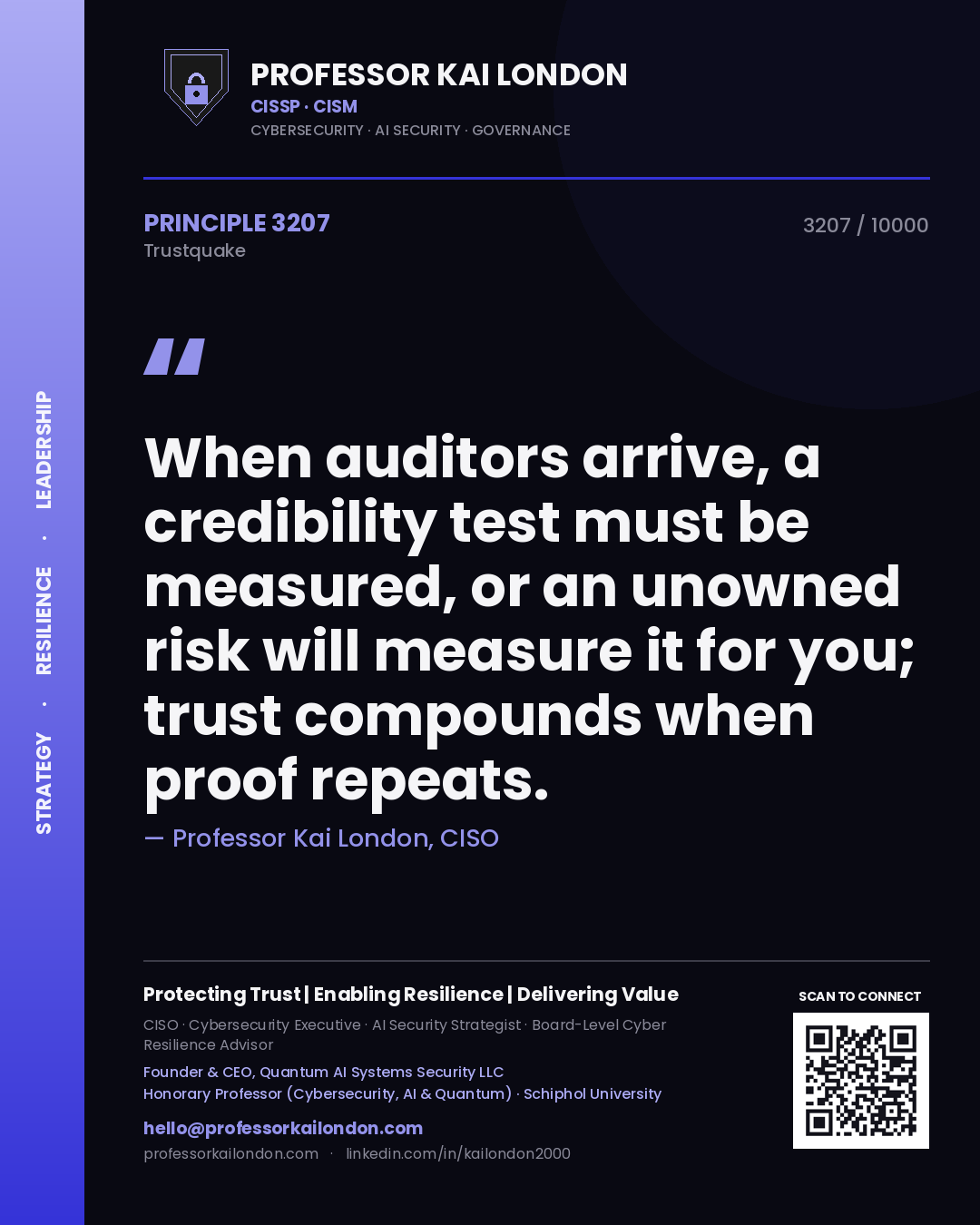 Professor Kai London principle 3207: When auditors arrive, a credibility test must be measured, or an unowned risk will measure it for you; trust compounds when proof repeats.