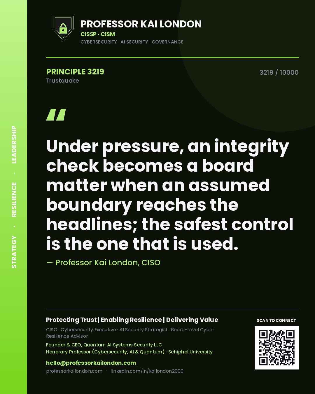 Professor Kai London principle 3219: Under pressure, an integrity check becomes a board matter when an assumed boundary reaches the headlines; the safest control is the one that is used.