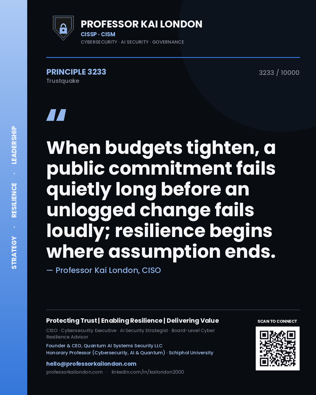 Quote card by Professor Kai London reading 'When budgets tighten, a public commitment fails quietly long before an unlogged change fails loudly; resilience begins where assumption ends.'. From the book Trustquake.
