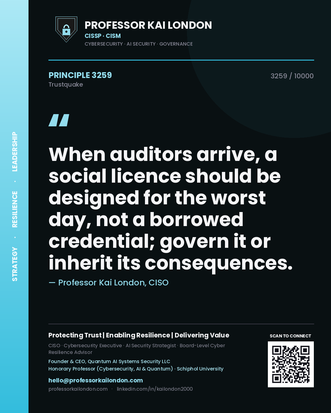 Quote card by Professor Kai London reading 'When auditors arrive, a social licence should be designed for the worst day, not a borrowed credential; govern it or inherit its consequences.'. From the book Trustquake.