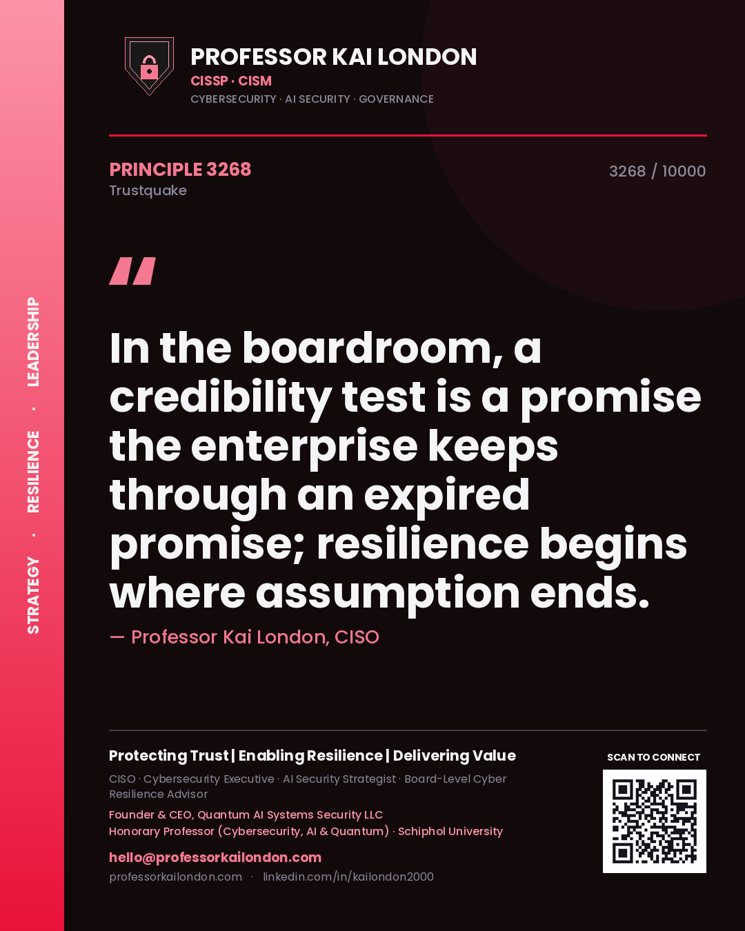 Quote card by Professor Kai London reading 'In the boardroom, a credibility test is a promise the enterprise keeps through an expired promise; resilience begins where assumption ends.'. From the book Trustquake.