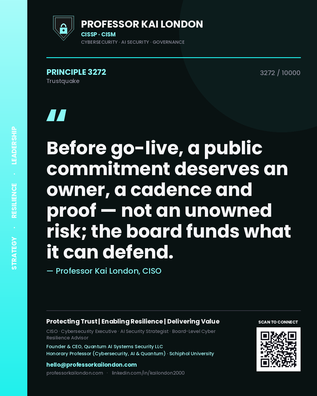 Professor Kai London principle 3272: Before go-live, a public commitment deserves an owner, a cadence and proof — not an unowned risk; the board funds what it can defend.