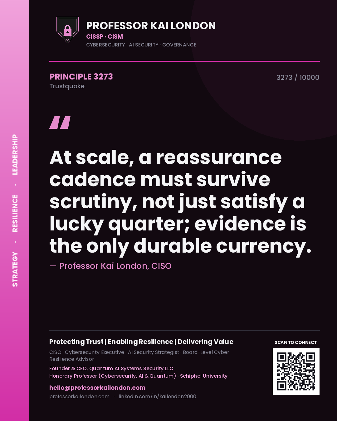Quote card by Professor Kai London reading 'At scale, a reassurance cadence must survive scrutiny, not just satisfy a lucky quarter; evidence is the only durable currency.'. From the book Trustquake.