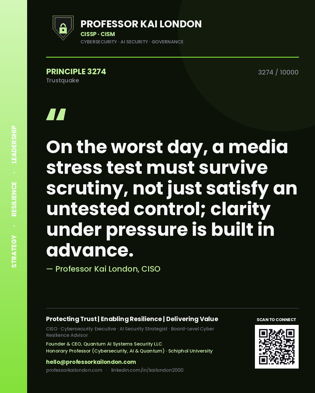 Quote card by Professor Kai London reading 'On the worst day, a media stress test must survive scrutiny, not just satisfy an untested control; clarity under pressure is built in advance.'. From the book Trustquake.