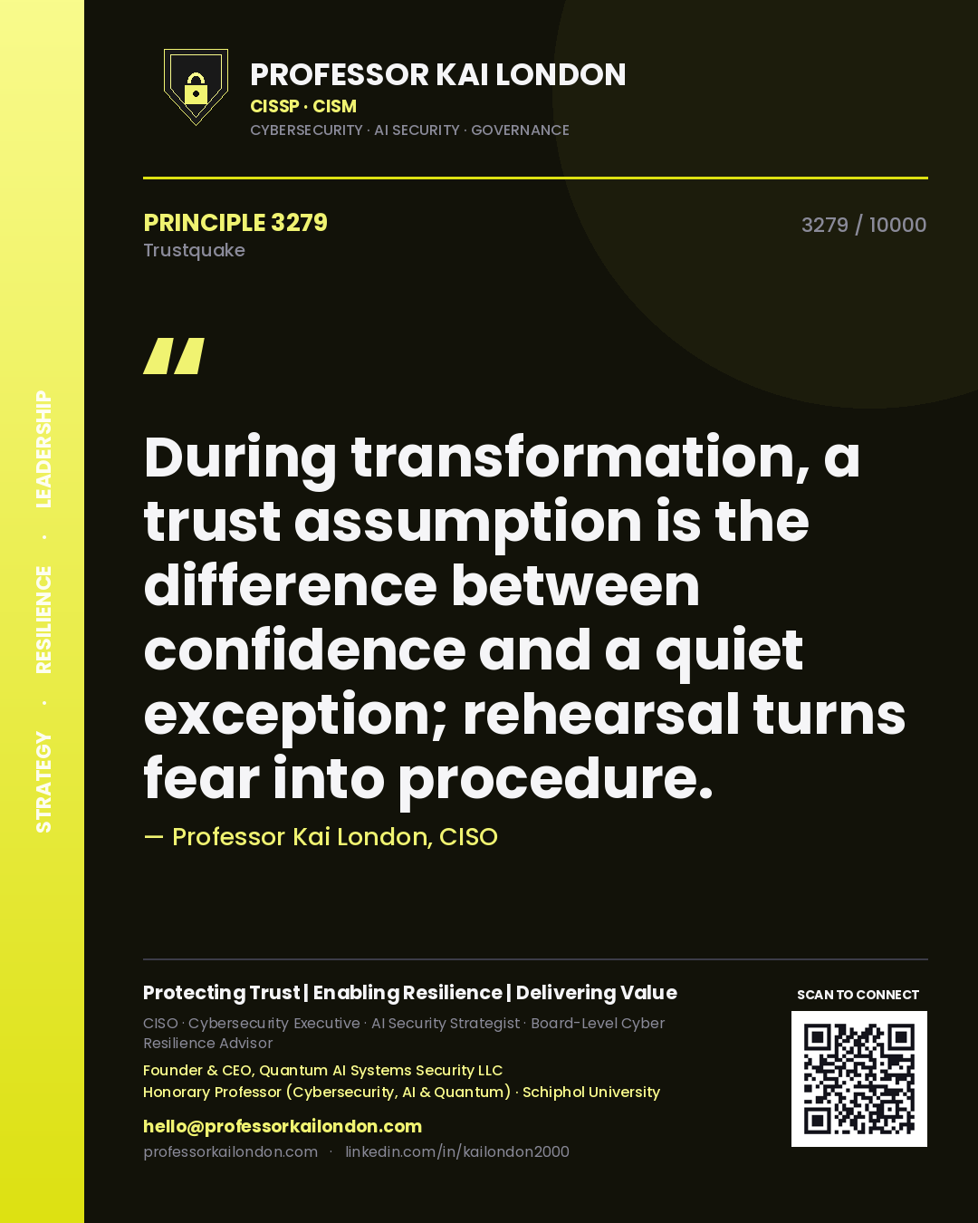 Professor Kai London principle 3279: During transformation, a trust assumption is the difference between confidence and a quiet exception; rehearsal turns fear into procedure.