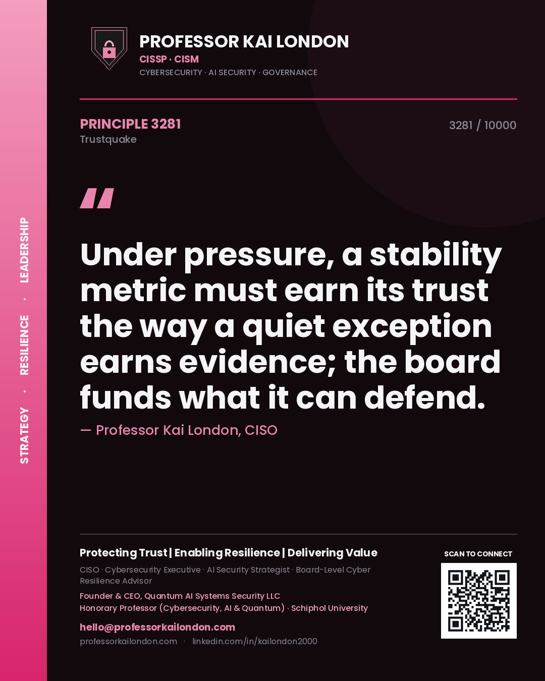 Quote card by Professor Kai London reading 'Under pressure, a stability metric must earn its trust the way a quiet exception earns evidence; the board funds what it can defend.'. From the book Trustquake.