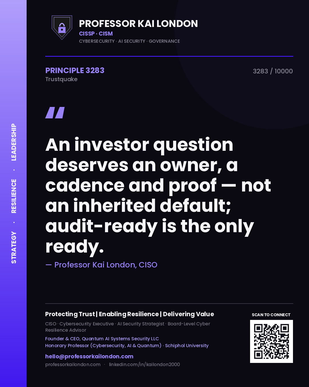 Quote card by Professor Kai London reading 'An investor question deserves an owner, a cadence and proof — not an inherited default; audit-ready is the only ready.'. From the book Trustquake.