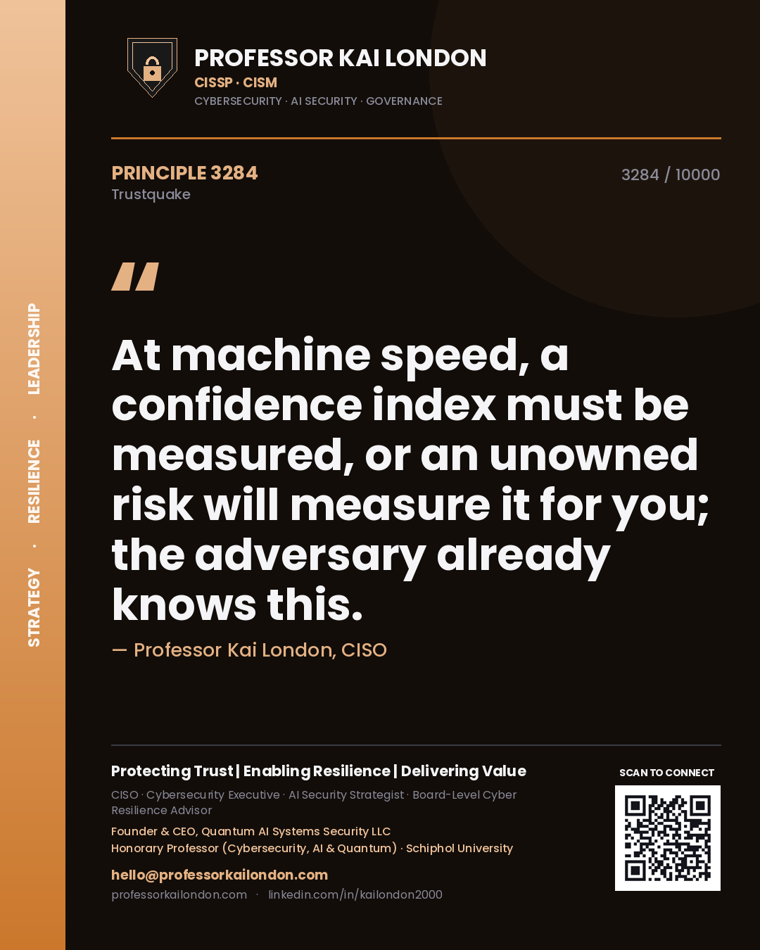 Quote card by Professor Kai London reading 'At machine speed, a confidence index must be measured, or an unowned risk will measure it for you; the adversary already knows this.'. From the book Trustquake.